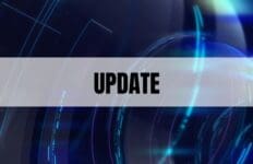 Text that says Update on top of a white rectangle with a news-themed background