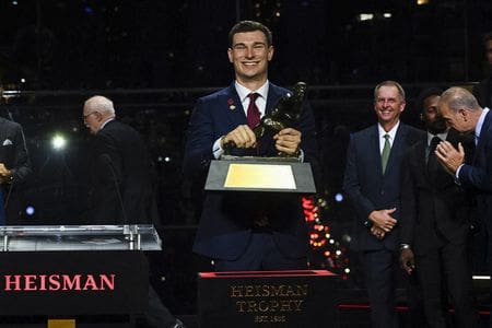 Dec 13, 2025; New York, NY, USA; Indiana Hoosiers quarterback Fernando Mendoza wins the Heisman Trophy during the trophy presentation at Jazz at Lincoln Center’s Appel Room. Mandatory Credit: Todd Van Emst/Heisman Trust via Imagn Images