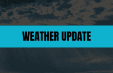 Text that says Weather Update on a light-blue rectangle with clouds in the background.